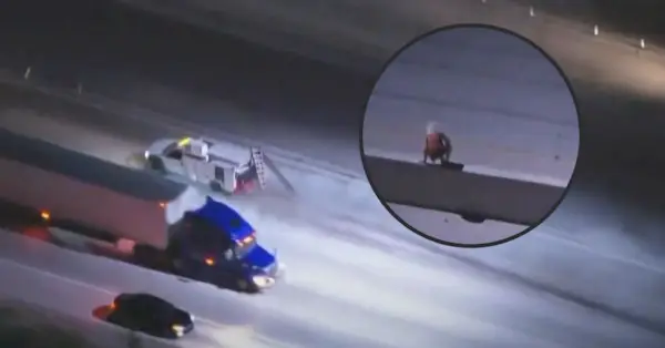 Pozadie: Snímka obrazovky KTTV YouTube zobrazujúca podozrivé jazdiace vozidlom po nesprávnej strane diaľnice v Kalifornii, pričom zozadu sa ťahá dym, keď sa ťahá rebrík. Vložka: Podozrivý vodič preskočí cez bariéru, ktorá delí diaľnicu, chvíľu po tom, čo vypadol z auta uprostred diaľnice. Snímka obrazovky KTTV YouTube.