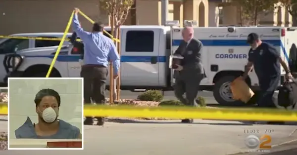 Germarcus David compareciendo ante el tribunal (captura de pantalla de KABC) y la escena fuera de la casa donde mató a sus 4 hijos y a su abuela (capturas de pantalla de KCBS)