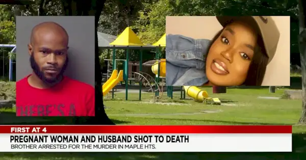 Jason Iverson (L) og Mercedes Iverson-Carter (R) vises indsat mod et billede af en park i Maple Heights, Ohio, hvor et fatalt skyderi fandt sted den 4. september 2023.