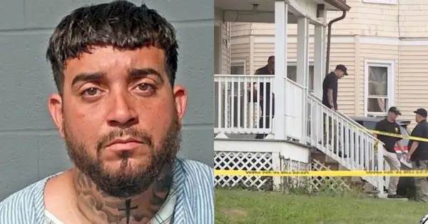 Carlos Frank-Nieves (Hartford Police Dept.) og Maple Avenue-lejligheden, som han og to andre angiveligt forsøgte at røve (WTIC-skærmbillede)