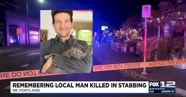 Colin M. Smith (foto de Smith do Portland Police Bureau; captura de tela da cena do crime da KPTV FOX 12 Oregon)