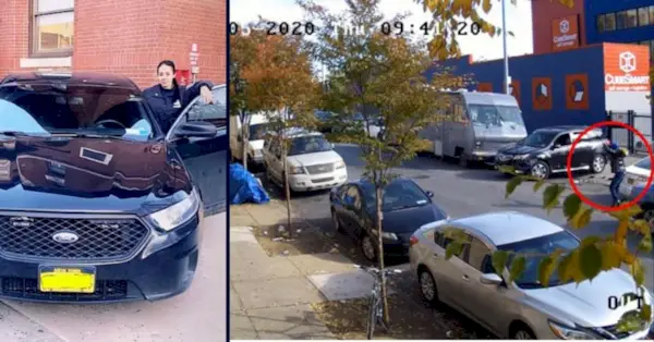 Była policjantka nowojorskiej policji Gina Mestre (po lewej) jest oskarżona w federalnej sprawie dotyczącej haraczy gangów po tym, jak rzekomo pomogła swojemu chłopakowi uciec z aresztu za morderstwo rywala i była jednym z kilku funkcjonariuszy, którzy zidentyfikowali go jako sprawcę na nagraniu z monitoringu. (Zdjęcie Mestre z NYPD; wideo z monitoringu z U.S. Attroney