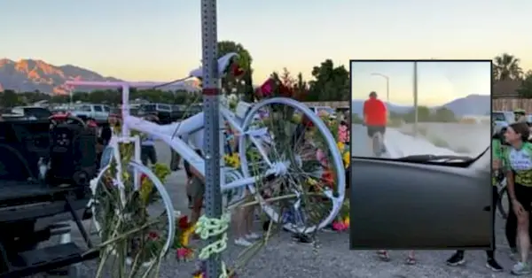 Fons: Hendersonas policijas departamenta Satiksmes nodaļas Facebook fotoattēls no bijušā policijas priekšnieka Andreasa Probsta memoriāla 7. septembrī. Ielaidums: YouTube KTLA kadri, kurā redzams bijušais Kalifornijas policijas priekšnieks Andreass Probsts mirkļus pirms viņu notrieca transportlīdzeklis, ko fiksējuši iespējamie uzbrucēji.