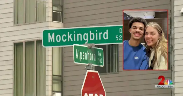 Zarrius Hildabrand anklagas för att ha dödat sin fru, Saria Hildabrand, uppger polisen. (Skärmbilder av Hildabrands från FOX 13 News Utah; Skärmdump från brottsplatsen från NBC Anchorage, Alaskas dotterbolag KTUU-TV)