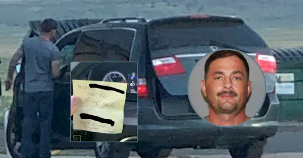 Jacob Wilhoit, som ses på en infälld mugshot-bild och står vid en minivan, anklagas för att ha fört bort en kvinna som räddats efter att ha skickat en lapp till en kvinna på en bensinstation i Arizona. (Foton från Yavapai County Sheriff
