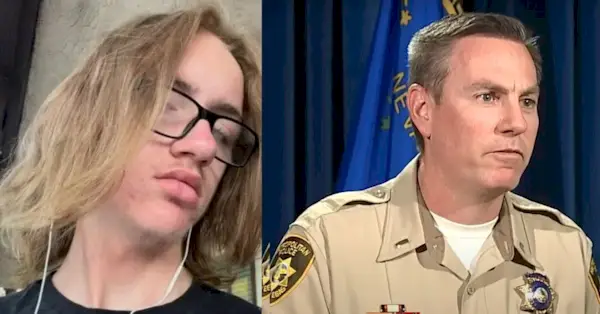 Vľavo: Jonathan Lewis, 17. Lewis bol zabitý potom, čo naňho zaútočil dav tínedžerov, informovalo oddelenie metropolitnej polície Las Vegas (LVMPD). Foto s láskavým dovolením webovej stránky pamätníka pre Lewisa. Vpravo: Poručík vrážd LVMPD Jason Johansson na tlačovej konferencii 14. novembra 2023 oznámil, že osem tínedžerov bolo zatknutých a obvinených z Lewisa