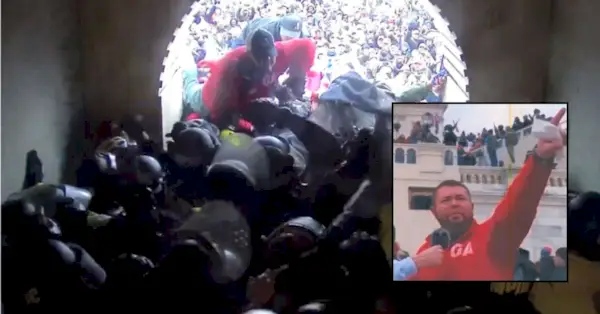 Contexte : Michael Tyler Roberts émerge au-dessus des officiers à l'intérieur d'un tunnel et commence à les affronter au Capitole des États-Unis le 6 janvier 2024. En médaillon : Michael Tyler Roberts à l'extérieur du Capitole le 6 janvier 2024. Photos fournies par le ministère de la Justice des États-Unis.