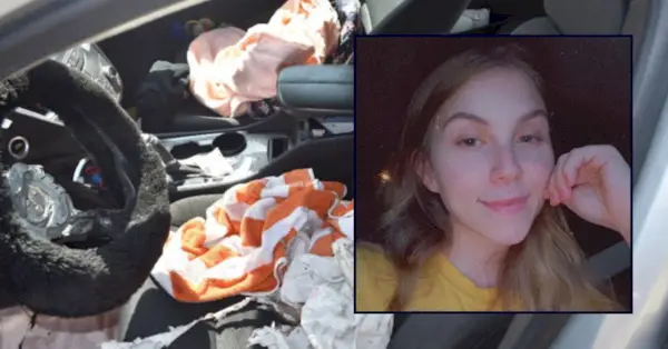 Destiny Byassee vises innsatt mot et bilde av en kollisjonspute som eksploderte og angivelig tok livet av henne