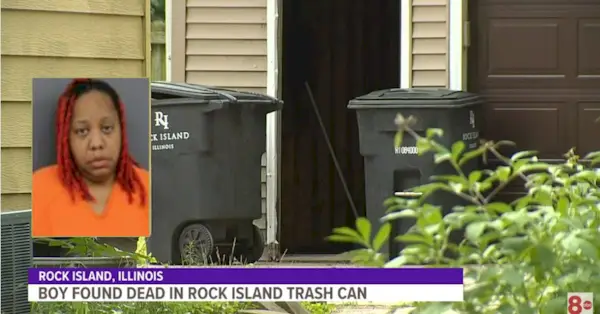 背景のスクリーンショット: Sushi Staples の家の外にあるゴミ箱 (WQAD-8 ニュース、YouTube)。挿入図: Sushi Staples の予約写真 (ロック アイランド警察署)。