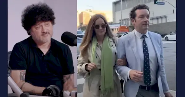 Zrzut ekranu przedstawiający piosenkarza The Mars Volta Cedrica Bixlera-Zavalę i osobne zdjęcie aktora Danny'ego Mastersona i jego żony