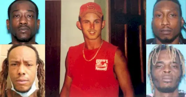 Eddie Greene (Mitte) und seine mutmaßlichen Mörder Emandale Diontae Tolbert (T-L), Anthony Maurice Tucker (B-L), Pierre Demond Ramseur (T-R) und Jamar Quarmaine Propst (B-R)
