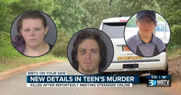 Inzetfoto's van links: Victoria Smith, Joshua Newton en Kierstyn Williamson (mugshots van Union County Sheriff