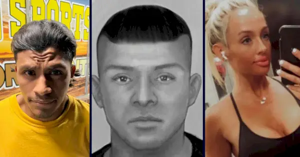 Victor Antonio Martinez-Hernandez, til venstre, er mistenkt for å ha drept Rachel Morin, til høyre. I midten er en sammensatt skisse av den mistenkte løslatt under den lange jakten. (Bildet til venstre er fra Tulsa-politiet; skissen og Morin-bildene er fra Hartford County Sheriff