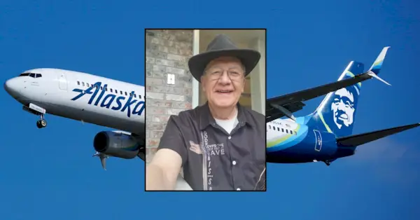 Sfondo: un jet dell'Alaska Airlines. Marzo 2021. (AP Photo/Gene J. Puskar)/Riquadro: selfie di Roger Allan Holmberg Sr. tramite Roger Allan Holmberg Fan Club su Facebook.