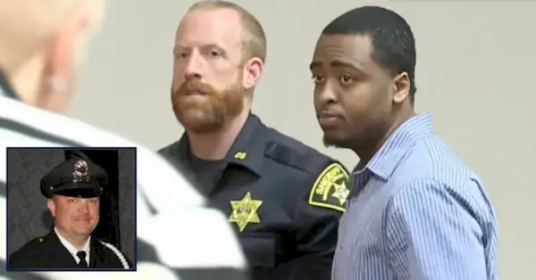 Kelvin Vickers siendo escoltado fuera de la corte (captura de pantalla de WHAM) y el oficial Anthony Mazurkiewicz (Departamento de Policía de Rochester)