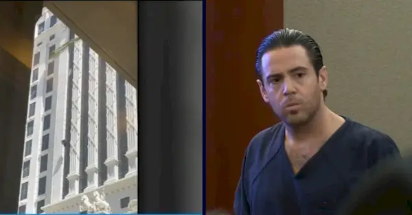 Мэтью Джон Эрмонд Мэнникс был приговорен за то, что забаррикадировался в номере отеля Caesars Palace, взял в заложники женщину и выбросил мебель из окна отеля, причинив ущерб в размере 50 000 долларов. (Скриншот зала суда, филиал KLAS CBS в Лас-Вегасе)