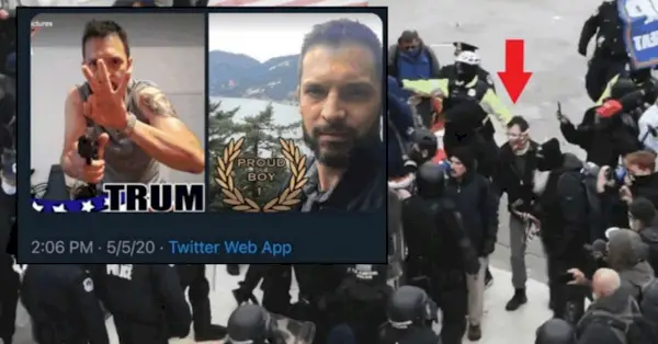 Teisingumo departamento eksponatai, vaizduojantys nuteistą išdidų berniuką Marcą Bru; fono nuotraukų bandomoji ekspozicija su raudona rodykle, nukreipta į Bru, kai jis 2021 m. sausio 6 d. artėja prie policijos pareigūnų JAV Kapitolijaus mieste.