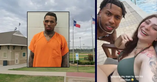 왼쪽 배경: 텍사스 주 플라워 마운드에 있는 베이커스필드 공원. 구글 지도. 삽입: Ladarius Morshun Brownlee 예약 사진. 플라워 마운드 경찰서. 오른쪽: Ladarius Morshun Brownlee와 Seyeddah