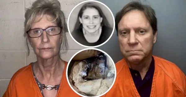 Sheila Fletcher (links) und Clay Fletcher (rechts) erscheinen auf Fahndungsfotos; ihre Tochter und die Couch, auf der sie starb (C).