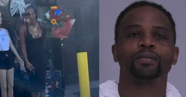 Dishaye'as Stevensonas renginyje perkirpo juostelę. Jos vyras Michaelas Smithas ją nušovė ir nužudė, pranešė policija. (Ekrano kopija: WFAA; puodelio nuotrauka: Dalaso apygardos kalėjimas)