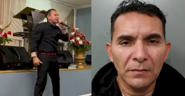 A polícia prendeu Victor Manuel Hernandez-Pineda, um pastor, por abuso sexual. (Captura de tela dele na igreja: KGO; foto: Gabinete do Xerife do Condado de Contra Costa)