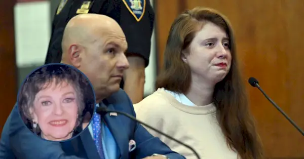 Lauren Pazienza comparece ante el tribunal con el abogado Arthur Aidala el miércoles 23 de agosto de 2023 en Nueva York. Panzienza, de 28 años, quien el año pasado empujó fatalmente a la profesora de canto de Broadway Barbara Gustern, de 87 años, en Manhattan, se declaró culpable el miércoles de homicidio involuntario en un acuerdo que le exigía cumplir ocho años tras las rejas. (Foto de la sala del tribunal de Curtis Means/Pool Photo vía AP; captura de pantalla de Gustern desde Nueva York