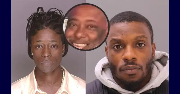 Joyce Brown Rodriguez (L) en Kahlill Saleem Brown (R) verschijnen in mugshots; hun slachtoffer, Christopher M. Wilson, verschijnt op een fotobijzet.