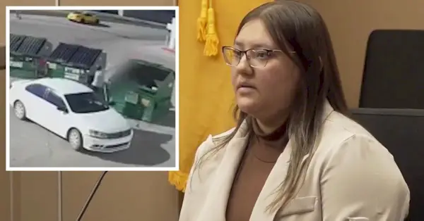 Alexis Avila au tribunal (capture d'écran KQRE) et sur des images de surveillance jetant son fils nouveau-né dans une benne à ordures (KOAT)