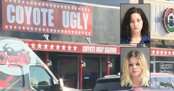 Baggrund: Skærmbillede fra NBC WESH YouTube af Coyote Ugly saloon i Daytona Beach, Florida. Indsat top: Sierrah Newell krusskud; nederst: Brianna Lafoe krus skud; høflighed Volusia County Division of Corrections