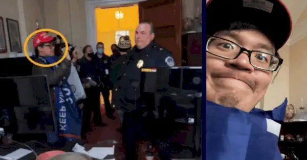 Venstre: Rettsprotokoller fra justisdepartementet viser at Alexander Fan, omringet i gult, BLI konfrontert av politiet inne på et stabskontor for senator Chuck Schumer 6. januar 2021./Høyre: Alexander Fan-selfie tatt 6. januar 2021 inne i U.S. Capitol. Med tillatelse fra rettsprotokoller fra justisdepartementet.