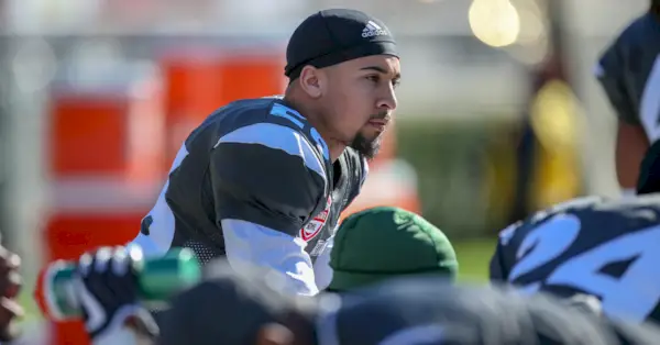 Blaise A. Taylor ses här under NFLPA Collegiate Bowl lördagen den 20 januari 2018 på Rose Bowl i Pasadena, CA. Polisen i Nashville, Tennessee, sa att han dödligt förgiftade sin flickvän, Jade Benning, och deras ofödda barn den 25 februari 2023. (Foto av Jordon Kelly/Icon Sportswire) (Icon Sportswire via AP Images)