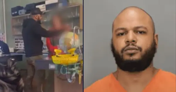 Til venstre: en mand identificeret som Aaron Thomas konfronterer en elev ved sin datter