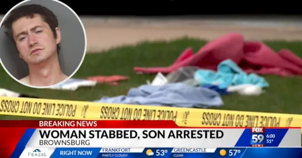 קייל בראון, מוטבע, עומד בפני ניסיון רצח בדקירות אמו באינדיאנה (צילום מסך של זירת הפשע מאינדיאנפוליס פוקס59, צילום מכלא מחוז הנדריקס)
