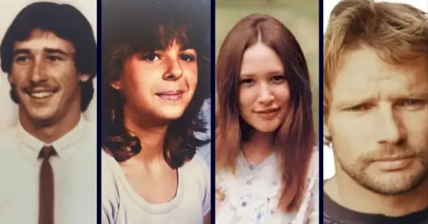 Alan Wade Wilmer Sr., rechts, damals 33 Jahre alt, wurde als Verdächtiger hinter den Morden an David Lee Knobling, 20, links, Robin Margaret Edwards, 14, zweiter von links, und Teresa Lynn Howell, dritte von links, genannt. (Fotos von der Virginia State Police)