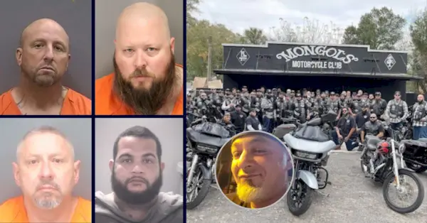 Vincent Romanino, presuntos miembros de una banda de motociclistas, arriba a la izquierda; Dylan Pascale, arriba a la derecha; Paul Mogilevsky, abajo a la izquierda; Joshualee García, abajo a la derecha, y la víctima Dominick Paternoster, recuadro del extremo derecho (Fotos del Sheriff del Condado de Pinellas