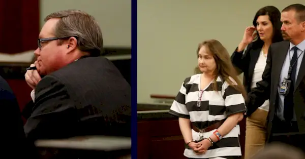 Слева: Эрик Уильямс слушает показания специального агента АТФ Мэтта Джонсона во время суда по делу об убийстве, караемого смертной казнью, в здании суда округа Рокволл в Рокволле, штат Техас, во вторник, 2 декабря 2014 года. (AP Photo/The Dallas Morning News, Вернон Брайант, Пул)/Справа: Ким Уильямс, бывшую жену Эрика Уильямса, сопровождают к месту дачи показаний во время вынесения приговора в здании суда округа Рокволл в Рокволле, декабрь 2014 года. (AP Photo/The Dallas Morning News, Вернон Брайант, Пул)