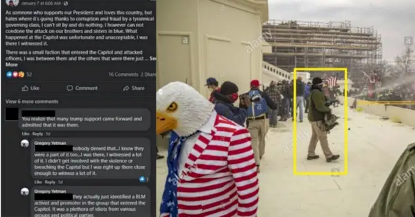 Izquierda: En los documentos de acusación, los fiscales incluyeron una captura de pantalla de una publicación en Facebook de Gregory Yetman fechada el 7 de enero en la que afirmaba ser pacífico. Derecha: Los fiscales incluyen imágenes obtenidas de Yetman que parecen mostrarlo rociando una sustancia química a los agentes.