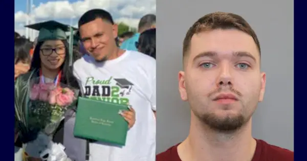 Destiny Tobias (L) haar vader Adam Tobias (C) en zijn vermeende moordenaar Philip Arning (R)