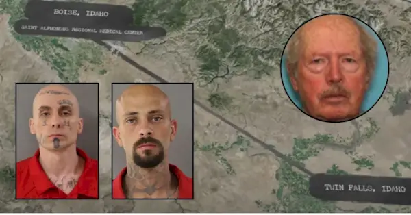 רקע: גרפיקת מסך YouTube של NBC המציגה את המרחק שעברו חשודים לאחר ירי לכאורה מחוץ לבויס, איידהו ב-20 במרץ 2024. משמאל למטה: סקיילר מיד וניקולס אומפנור הזמינו תמונות. משטרת מדינת איידהו. הוספה ימנית עליונה: תמונה של ג'יימס מאוני ששותפה על ידי המשטרה כשהוא נעדר ונהרג לכאורה במרץ 2024.