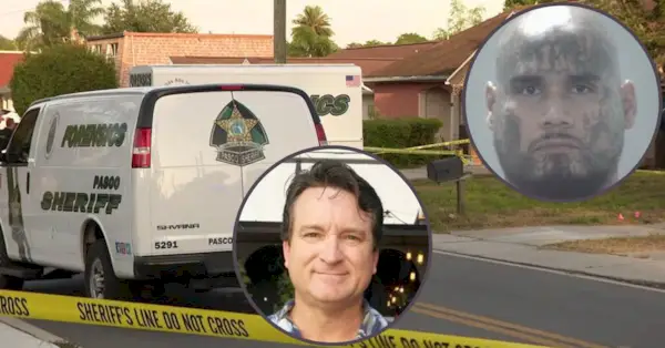 Oscar Adrián Solís, recuadro de la derecha, está acusado de matar a Randall Cooke, recuadro del medio, en Florida el miércoles 19 de abril de 2023. (Solís