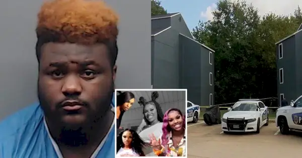 Jamaurea Jermaine Britton (Smith County Jail) Deja Hood (Saknad affisch) och lägenhetskomplexet där han påstås ha dödat henne (YouTube:KETK-skärmdump)