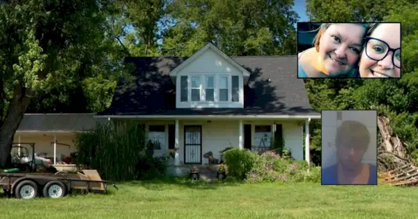 Pozadie: miesto domu, kde Michael Hunt údajne zabil svoju manželku Emily a jej matku Beth Simmons (YouTube/WHAS). Vložka top: Beth a Emily Simmons (cez GoFundMe). Vložená spodná časť: Michael Hunt (cez záchytné centrum Shelby County).