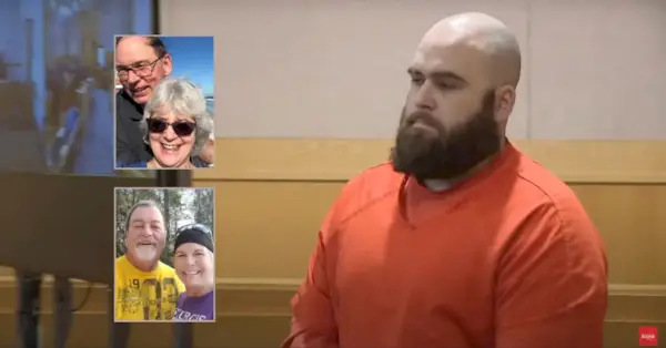 Joseph Eaton, som møtte i retten, ble dømt til livsvarig fengsel for å ha drept sin mor og far, Cynthia Eaton og David Eaton, nederst, og vennene deres Robert Eger og Patricia Eger, øverst. (Skjermbilde av rettssal og ofre