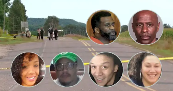 Infällda bilder: Antoine Suggs, uppe till vänster, Darren Lee McWright, uppe till höger; Nedre raden, från vänster: Nitosha Lee Flug-Presley, Loyace Foreman III, Matthew Pettus och Jasmine Sturm (Infällningar och skärmdumpar från brottsplatsen från NBC Minneapolis affiliate KARE 11; Pettus-foto från hans dödsruna; McWright-foto från Associated Press)