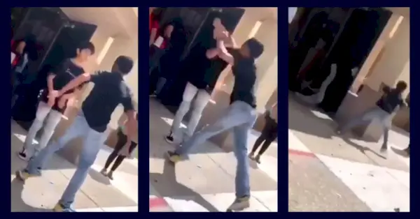 Diego Stolz zľava doprava: stojí s rukami pri boku, keď sa blíži ďalší študent; stredné, študentské údery Stolz; správne, Stolz