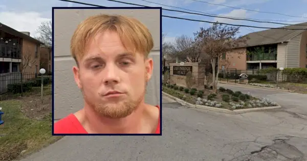 Colton Tyler Ryan vises innfelt mot et bilde av et leilighetskompleks der et barn ble bitt som en vampyr