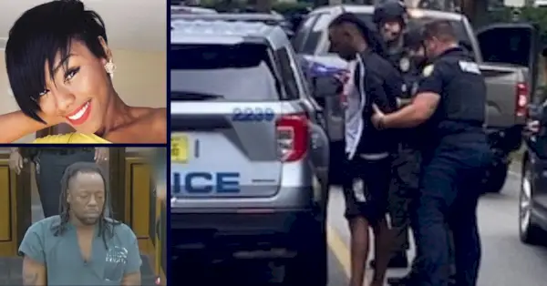 George Sapp, nederst til venstre og høyre, ble arrestert i en dødsetterforskning etter angivelig å ha mistet liket av Charity Huntley, øverst til venstre, på et sykehus 6. april 2023. (Sapp-rettssalens skjermdump og offerbilde fra Jacksonville