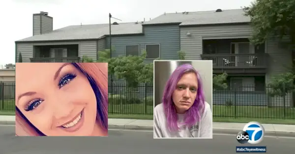 Autumn Goodwin, a la dreta, va ser arrestat per la mort a punyalada a Califòrnia de Shawna Weems, a l'esquerra. (Captura del departament de policia de Hemet; GoFundMe; captura de pantalla de l'escena del crim de KABC)