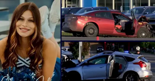 왼쪽: 올리비아 플로레스, GoFundMe 제공. 오른쪽 위: 2024년 5월 미네소타에서 플로레스를 죽인 충돌 사고 후 셰인 로퍼 기병 차량. 오른쪽 아래: 충돌 장면이 더 많습니다. YouTube 화면 캡처 KMSP.