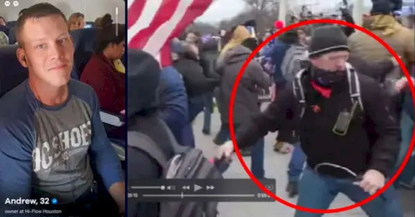 משמאל: אנדרו טאקה. מימין: טאקה נראה אוחז בשוט במהלך עימות בקפיטול של ארה'ב ב-6 בינואר 2021 (באמצעות תביעה לבית המשפט של ה-FBI).